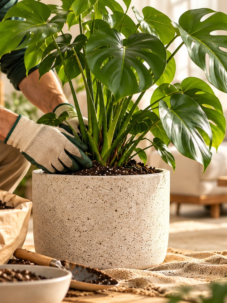 Instalador trasplantando una monstera a una maceta de piedra clara en un living luminoso